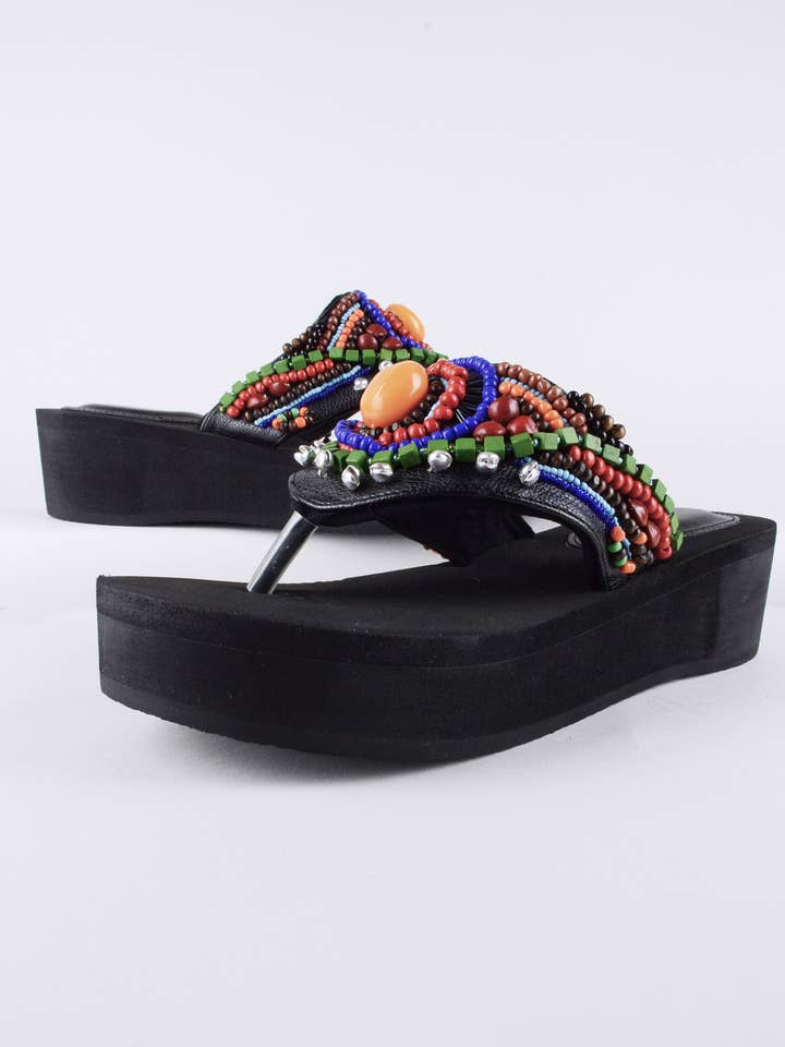 LMS Black Wedge Flip Flop With Multicolour Beadwork for wholesale by LoveMyStyle