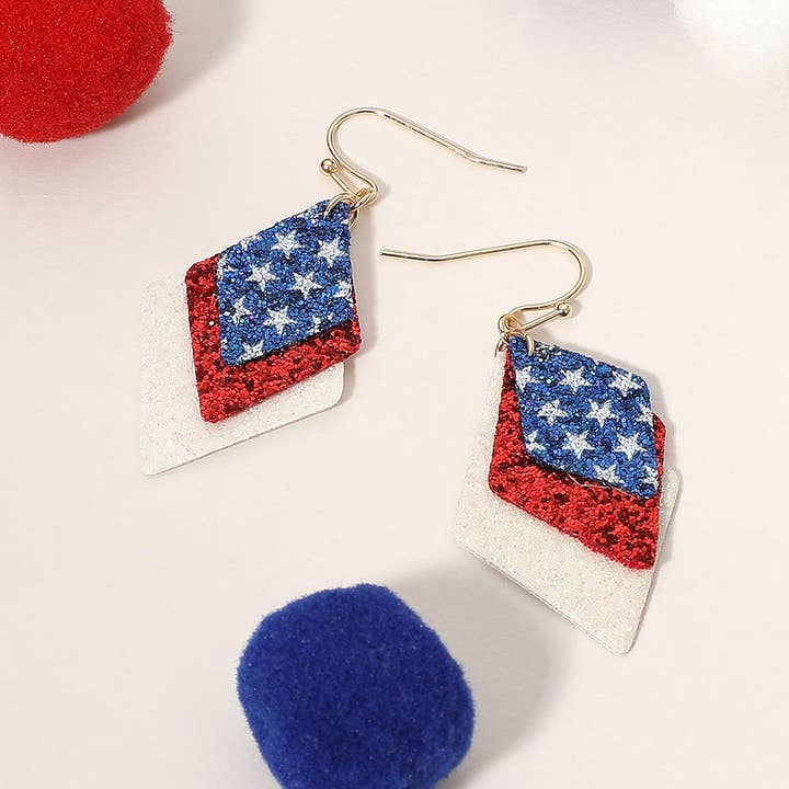 Glittered American USA Flag Triple Rhombus Dangle Earrings for wholesale by Sensibling Corp.
