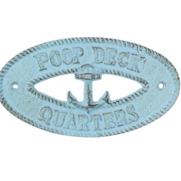 Rustic Light Blue Cast Iron Poop Deck Quarters with Anchor Sign 8" for wholesale by Hampton Nautical