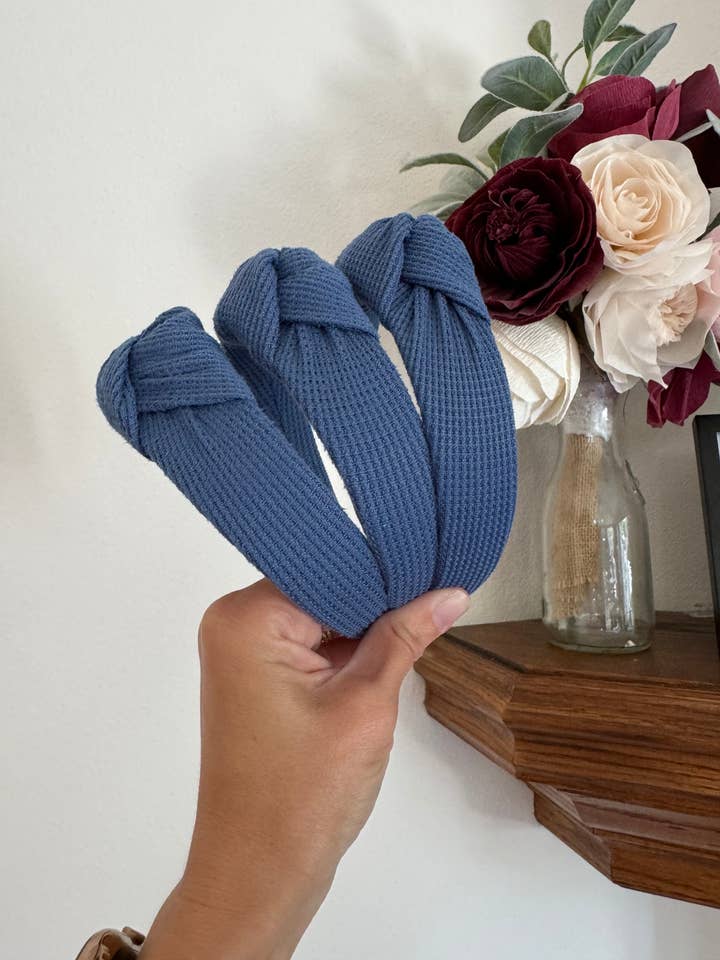 Blue Thermal Top Knot Knotted Flexible Headband for wholesale by Brynnbands