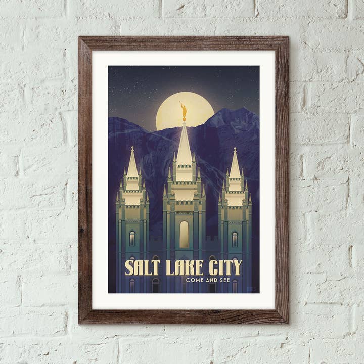 Utah, temple de Salt Lake City - Affiche de voyage vintage pour la vente par Missy Ames Design and Illustration
