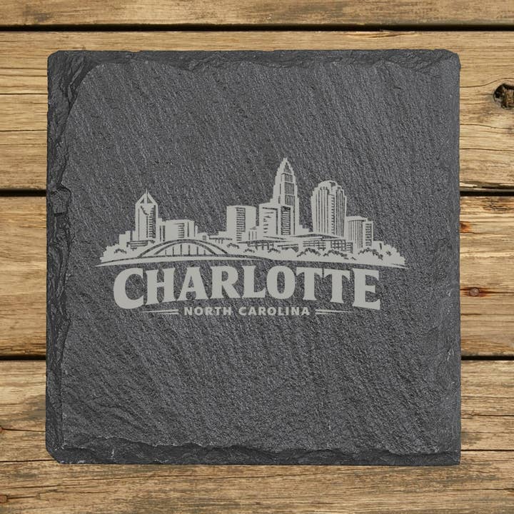 Charlotte Skyline Slate Coaster | 4x4 Etched Slate for wholesale by Beach, Cats & Wine