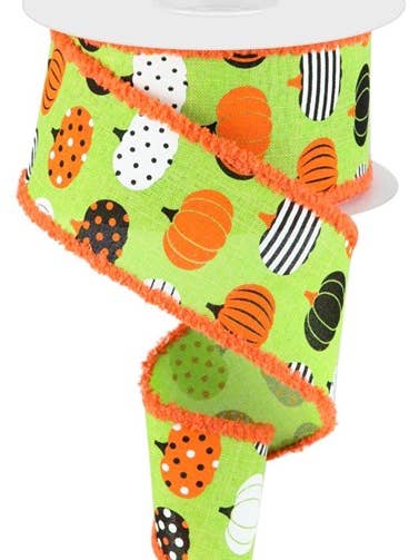 2.5"X10YD PATTERNED PUMPKINS/DRIFT LIME/WHITE/ORANGE/BLACK (T) for wholesale by Waterman's Loft Inc.