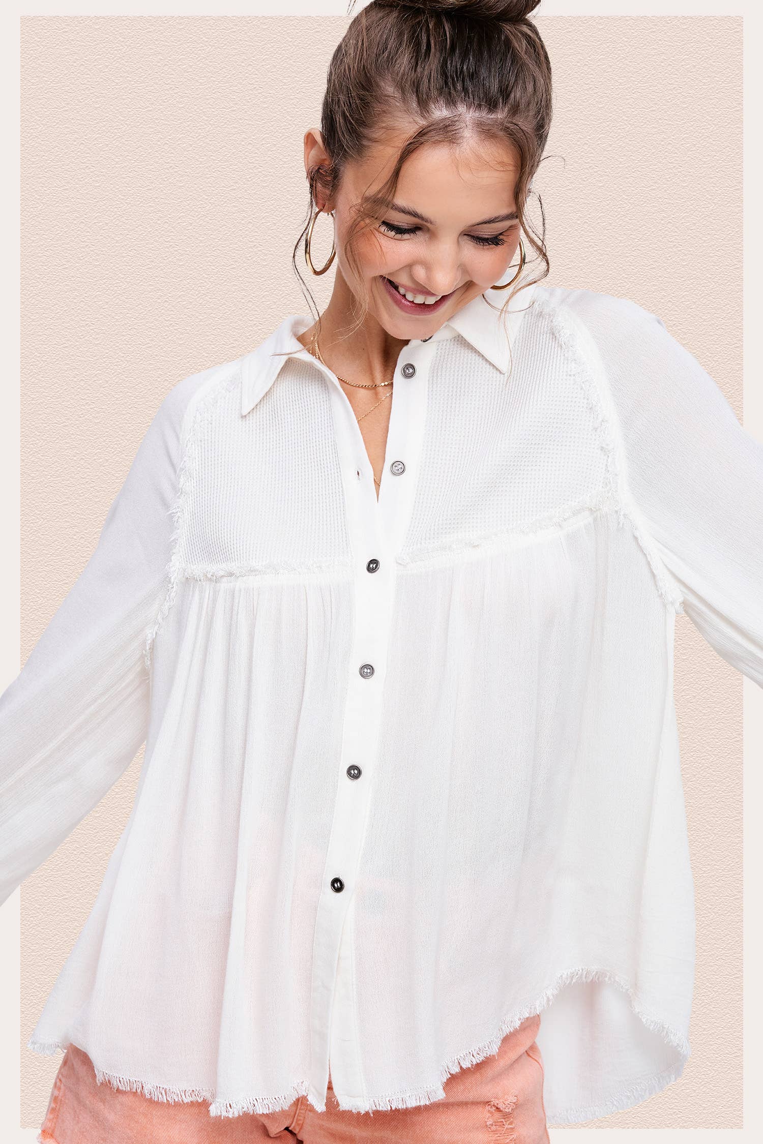 La Miel - Wholesale Button Down Shirt - Women's - SRT7802-Soft Washed Button Down Waffle Textured Gauze Shirts16