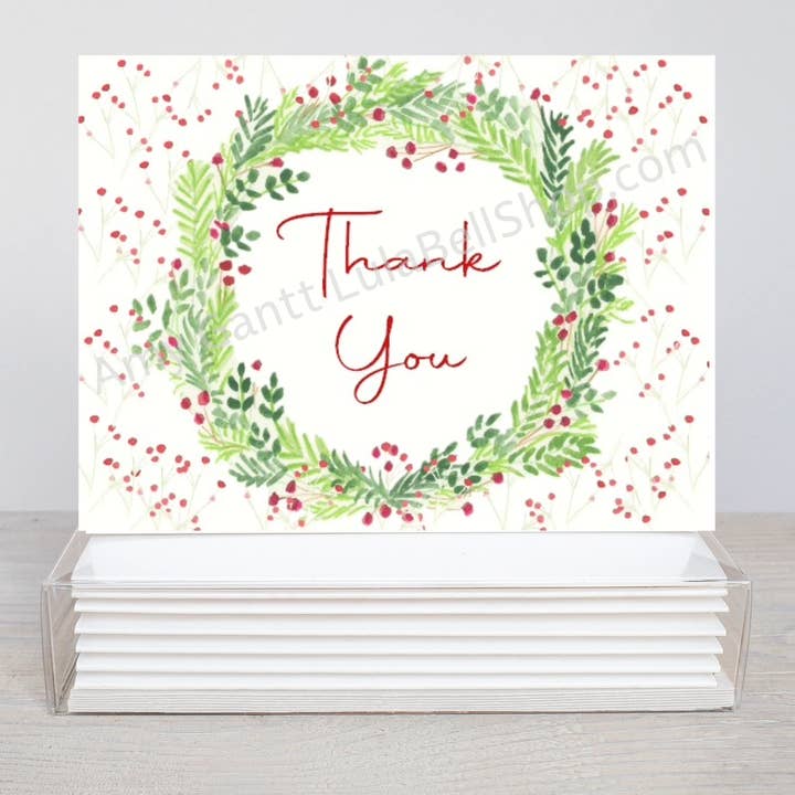 Thank You - Christmas Wreath and Berries Boxed Note Cards for wholesale by Lula Bell Cards and Gifts