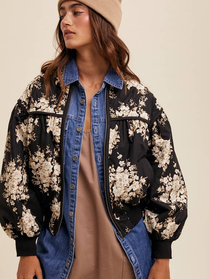Wholesale Quilted Floral Print Pleated Bomber Jacket for your shop