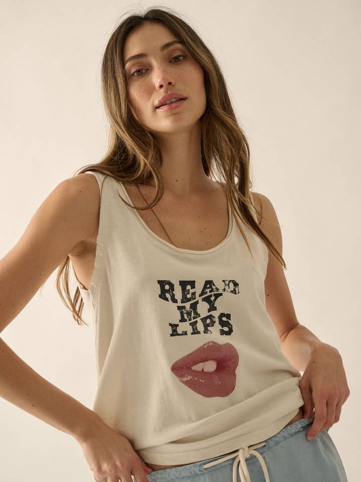 Read My Lips Raw-Edge Scoop-Neck Graphic Tank Top for wholesale by Vintage Canvas