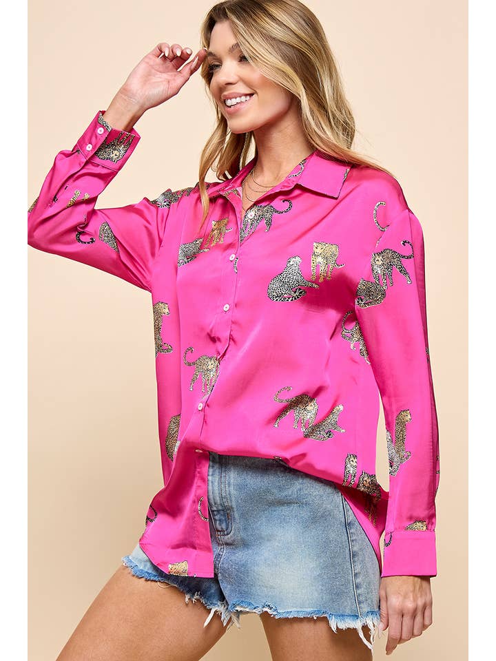 Rose Red Cheetah Print Button Up Shirt for wholesale on Faire