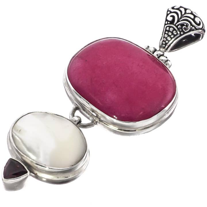 925 silver ruby cab red garnet white mother of pearl shell pendant, 2 7/8" for wholesale by FifiRose
