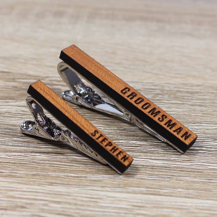 Personalized Tie Clip | Cherry Wood for wholesale by Groomsman Gear