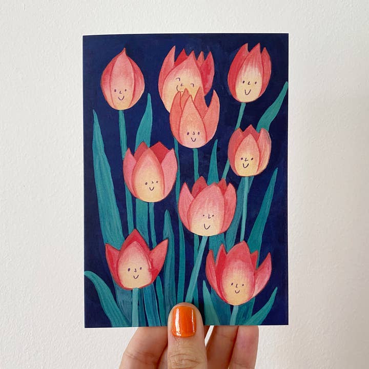 Happy Tulips, A6 Greetings card for wholesale by Juliet Thomas Doodles