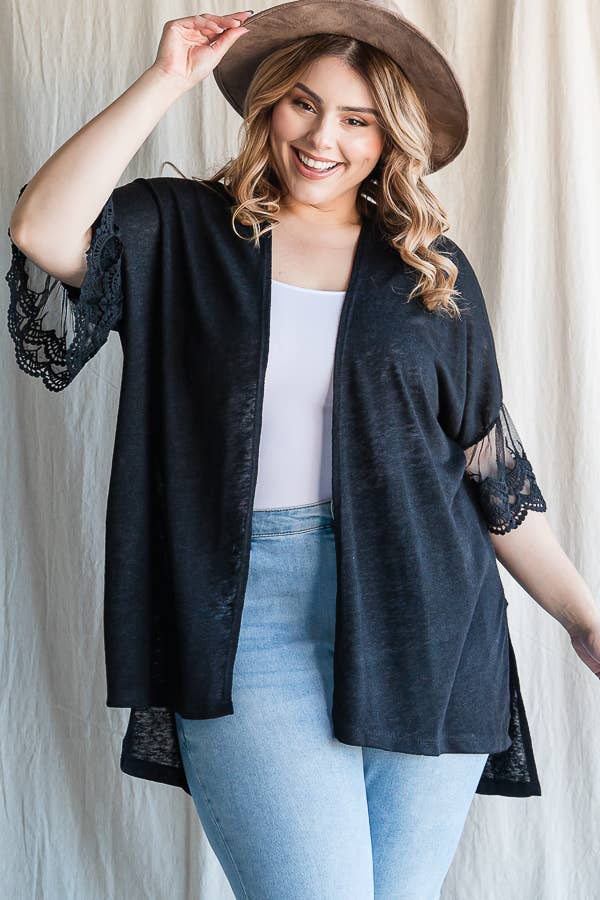 7th Ray – Engroshandel Cardigan - Dame – [PLUS SIZE] Cardigan til kvinder med blondeærmer til hverdagsbrug T4485XL19