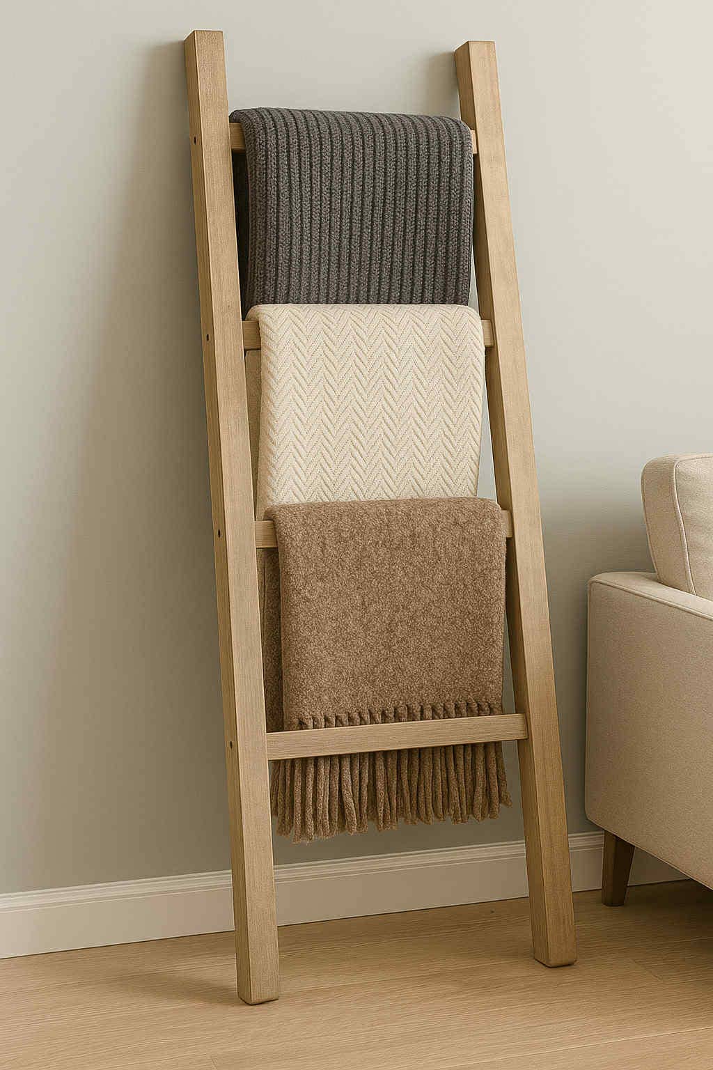 Stumps Custom Wood - Wholesale Free Standing Shelf - Blanket Ladder Organizer – 3-5ft Farmhouse Wood Quilt Rack2