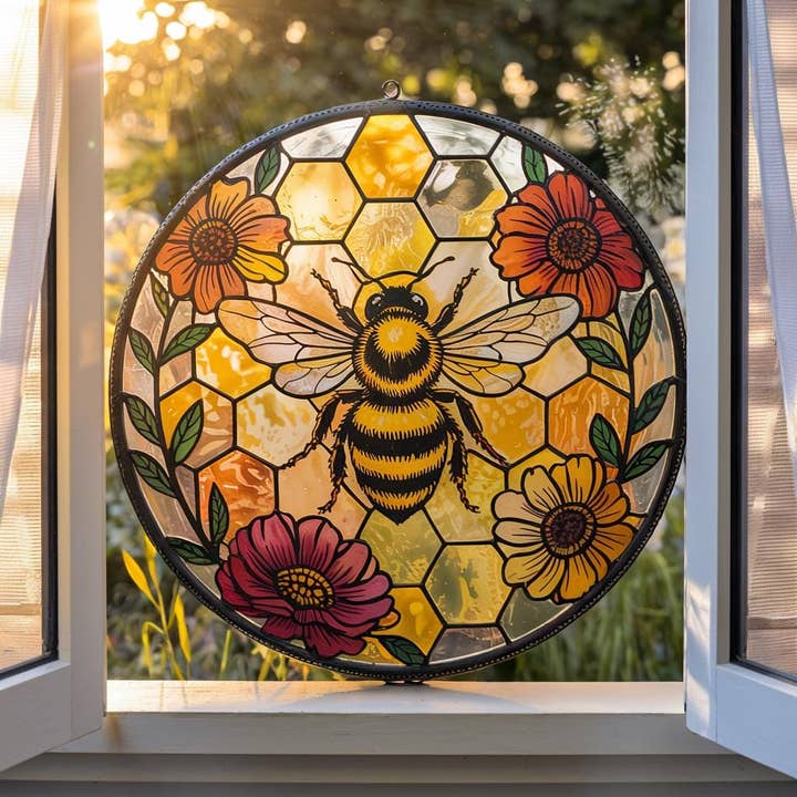 NVC Ecommerce LLC - Wholesale Suncatcher - Honey Bee Stained Glass Suncatcher, Floral Window Hanging 2