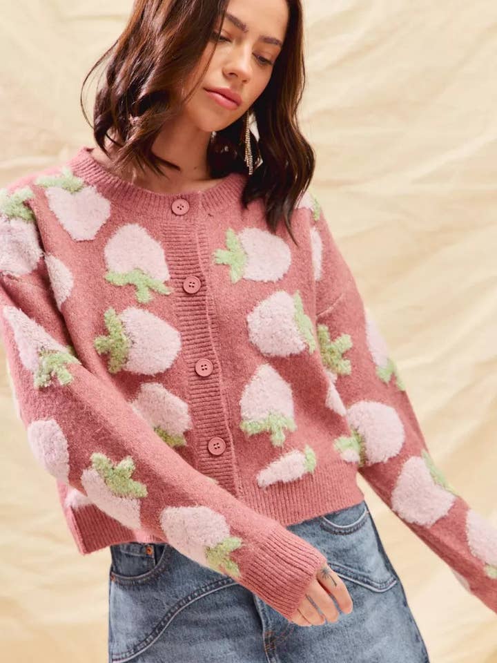 MARSALA SO ME Strawberry Fruit All Over Button Sweater Cardigan for wholesale on Faire9