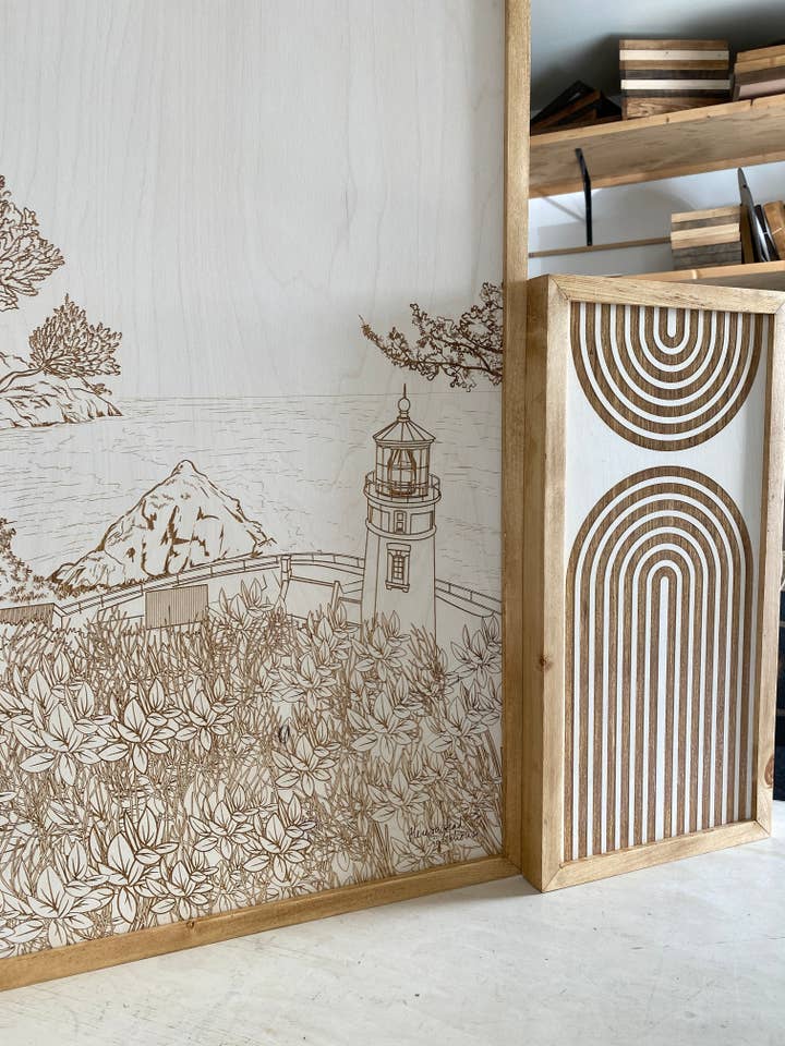 3 Piece Hand Sketched Heceta Head Lighthouse Oregon Wood Artwork with Boho for wholesale by Birch and Home Handmade