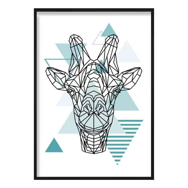 Poster imprimé tête de girafe scandinave géométrique bleu aqua pour la vente par Artze Wall Art
