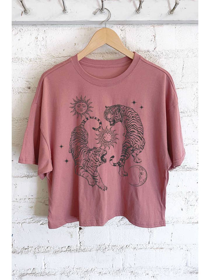 Rustee Clothing - Wholesale Screen Printed T-Shirt - Women's - SUN AND MOON TIGER GRAPHIC LONG CROP TOP