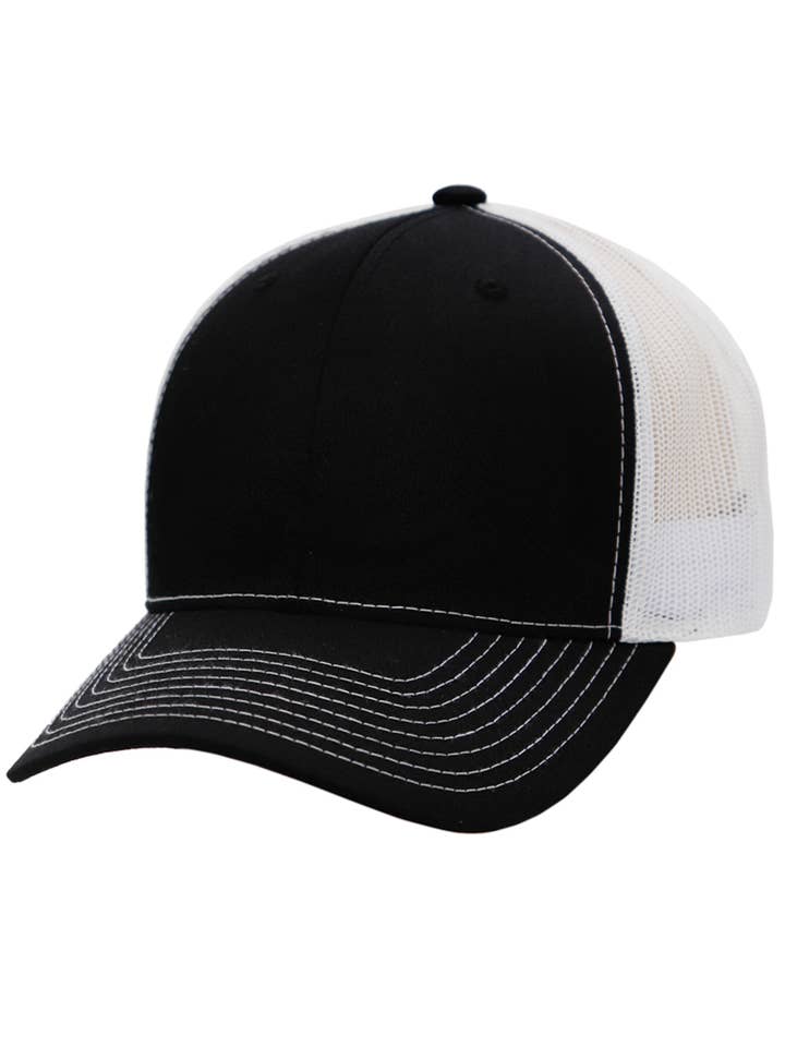Sleek Black Front Six Panel Curved Bill Trucker Hat for wholesale by Cap Zone