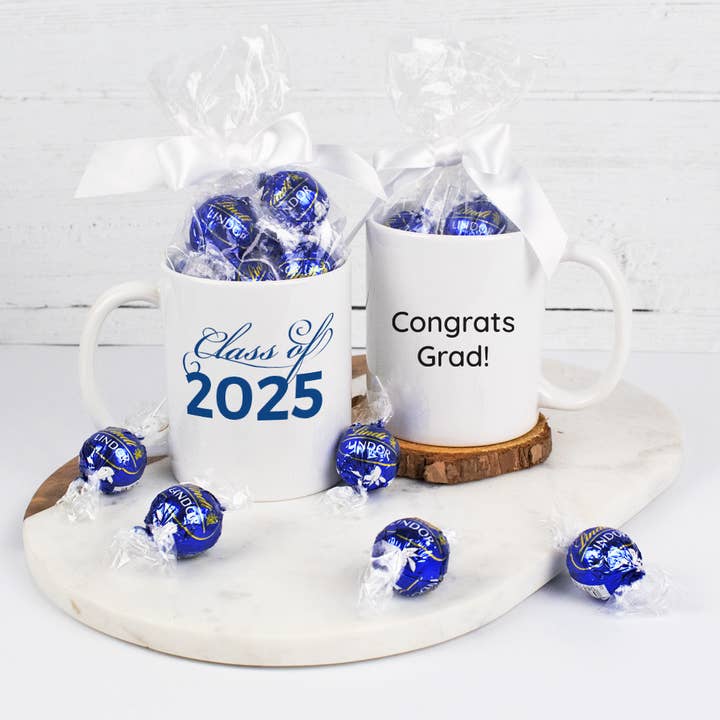 Graduation Mug Filled with Blue Dark Chocolate Lindor Truffles - Class of Blue for wholesale by Just Candy