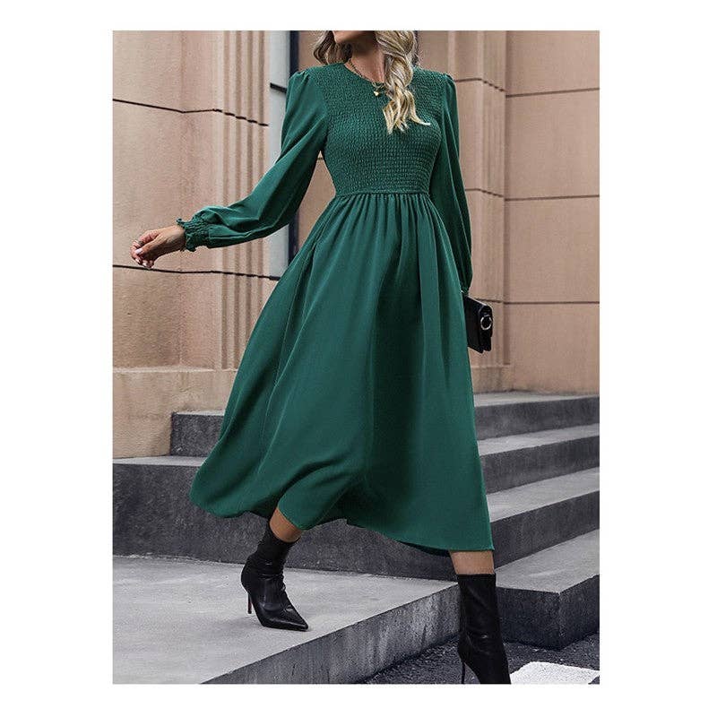 DEEP GREEN Solid Color Lantern Sleeve Waist Long Dress for wholesale on Faire7