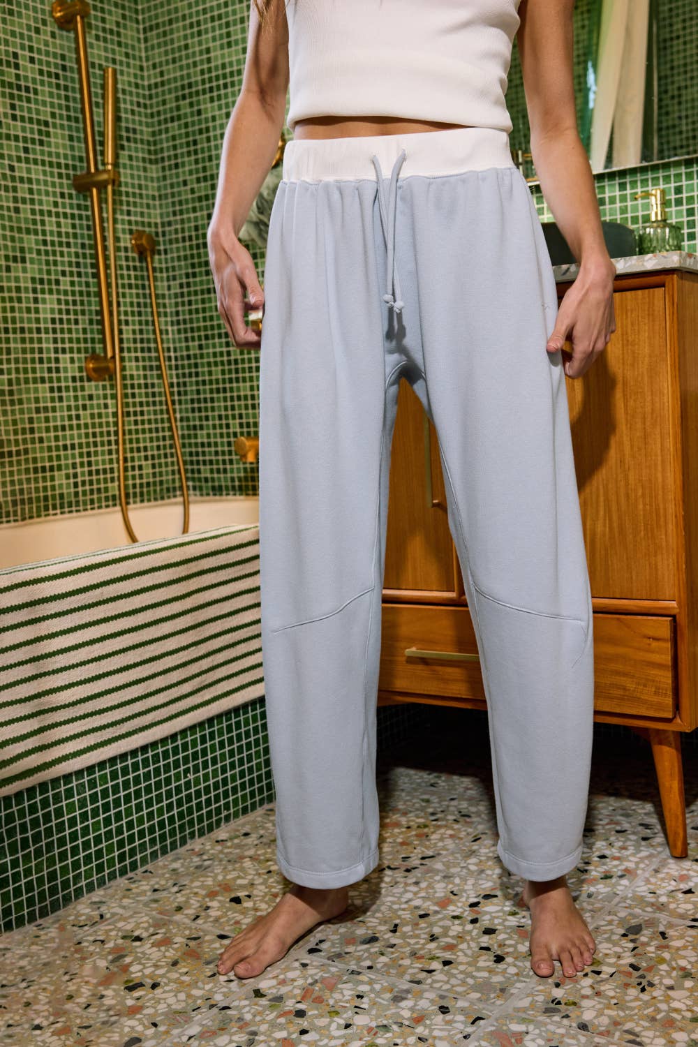 Sky blue P5657A Drawstring Solid Barrel Silhouette Pants for wholesale on Faire1