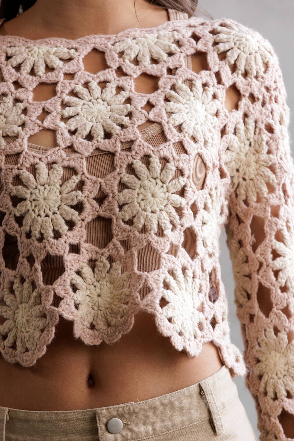 STORIA - Wholesale Knit Sweater - Women's - JT4104-1-CROCHET FLOWER LONG SLEEVE CROP TOP14
