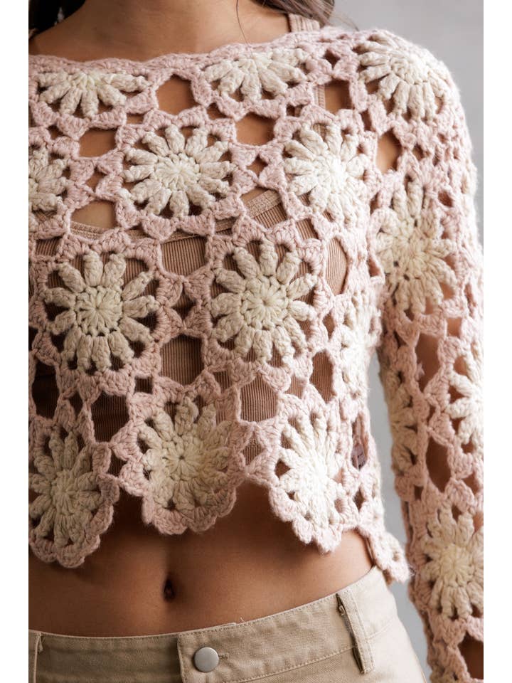 STORIA - Wholesale Knit Sweater - Women's - JT4104-1-CROCHET FLOWER LONG SLEEVE CROP TOP14