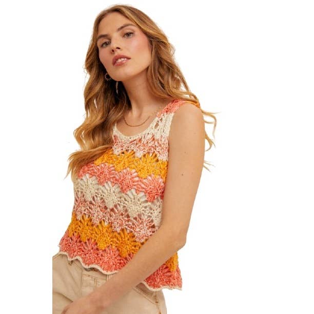 Open Crochet Knit Multi Yarn Color Block Tank for wholesale by Apolline