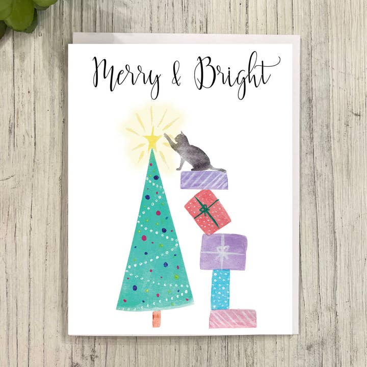Merry & Bright Cat Christmas Card for wholesale by Great Odin's Hellos