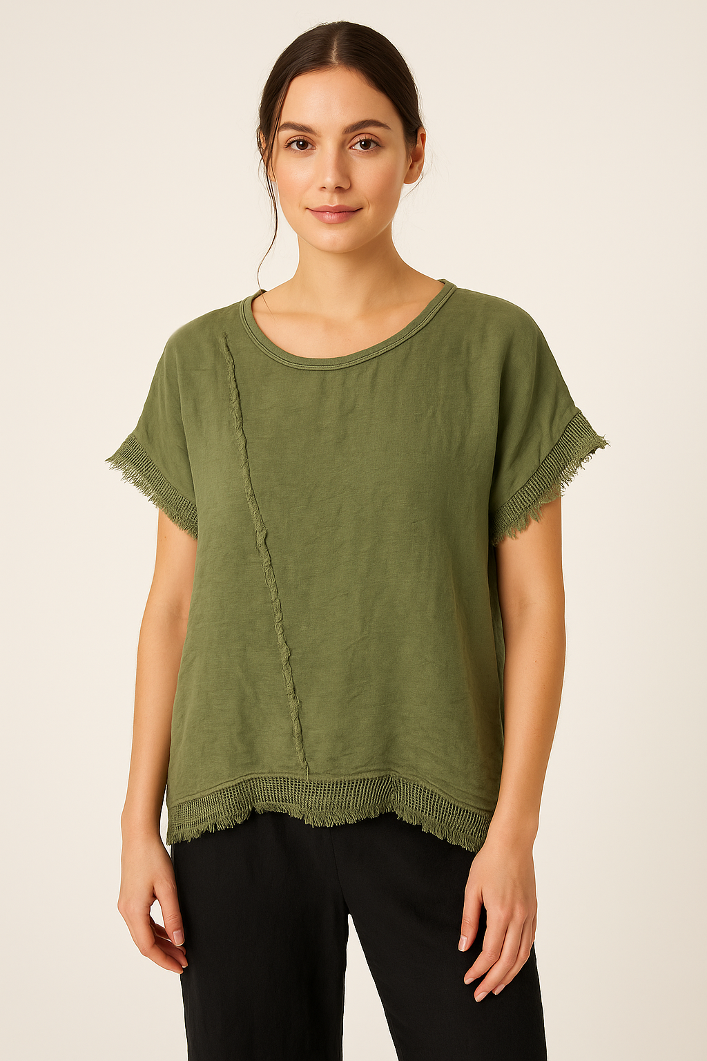 Lucy Sparks - Wholesale T-Shirt - Women's - LINEN FRONT AND COTTON BACK ASYMMETRIC T-SHIRT WITH MESH HEM6