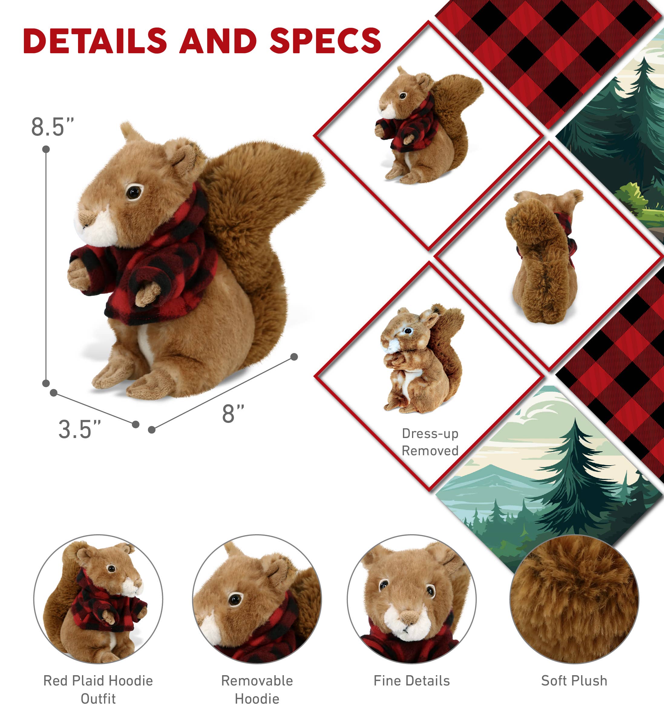 Cota Global - Wholesale Stuffed/Plush Toy - Kids & Baby - Plush Red Plaid Hoodie - Super Soft Plush - Squirrel2