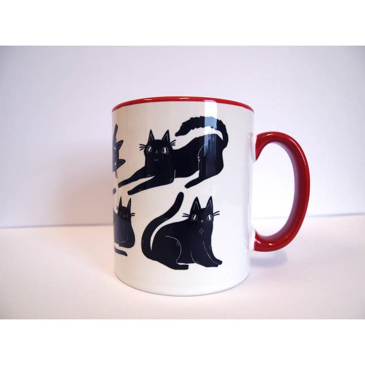 I LIKE CATS - Wholesale Coffee mug - Black Cats Coffee Mug, red handle, illustrated mug6