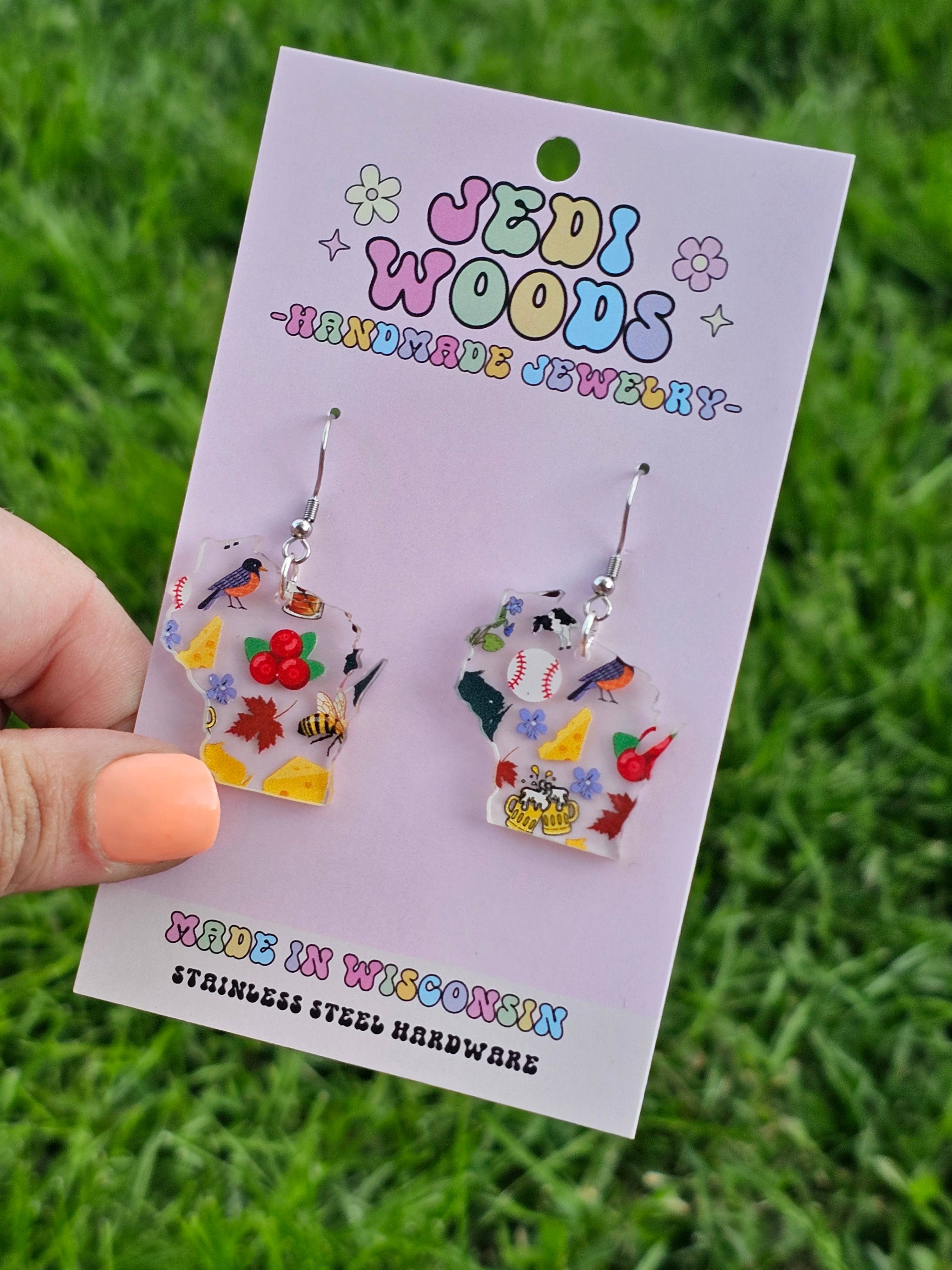 Jedi Woods LLC - Wholesale Dangle Earrings - Wisconsin Shaped Themed Icon Earrings2