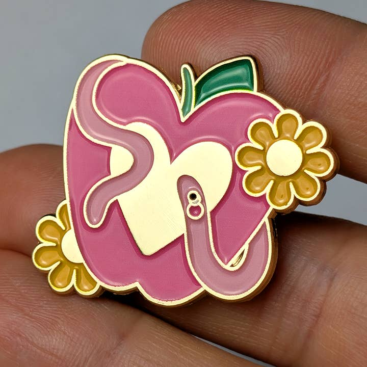 Apple & Worm Gold Enamel Lapel Pin for wholesale by Wildkat Studio