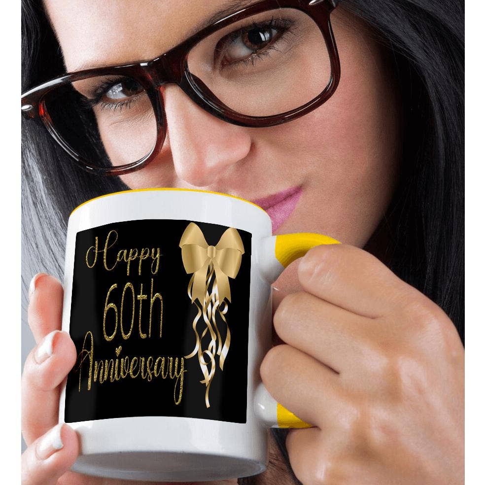 3dRose - Wholesale Coffee Mug - 3dRose, Happy 60th Anniversary Image Of Gold Bow and Ribbons, Mug1