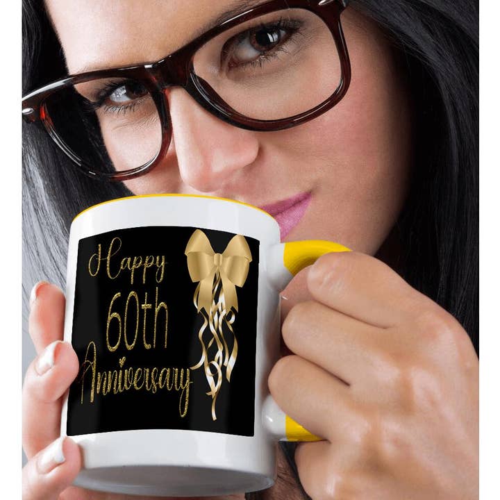 3dRose - Wholesale Coffee Mug - 3dRose, Happy 60th Anniversary Image Of Gold Bow and Ribbons, Mug1