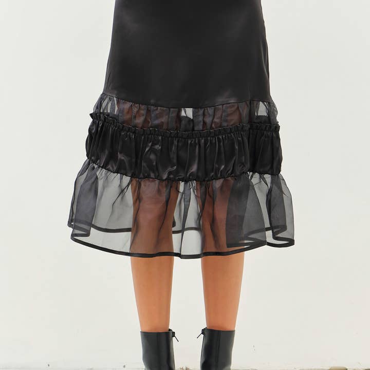 BLACK SATIN MIDI SKIRT WITH RUFFLED SHEER ORGANZA for wholesale on Faire