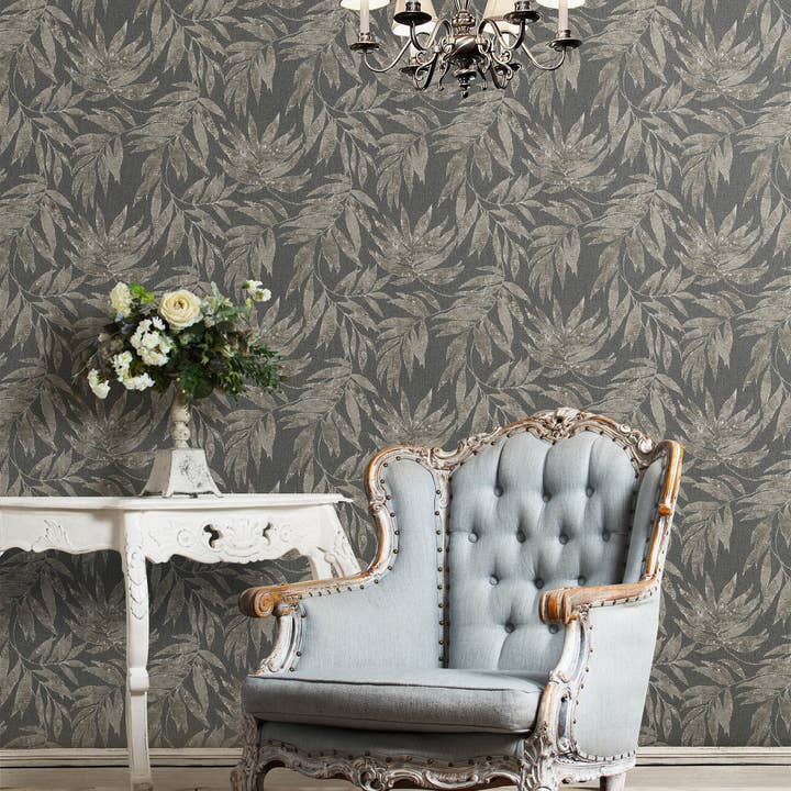 Dark Gray Washed Leaves Embossed Wallpaper, Rich Textured Wallcovering, Large 114 sq ft Roll, Decorative Wall Paper, Plants Trees, Fall for wholesale by Walloro Luxury Embossed Wallpaper
