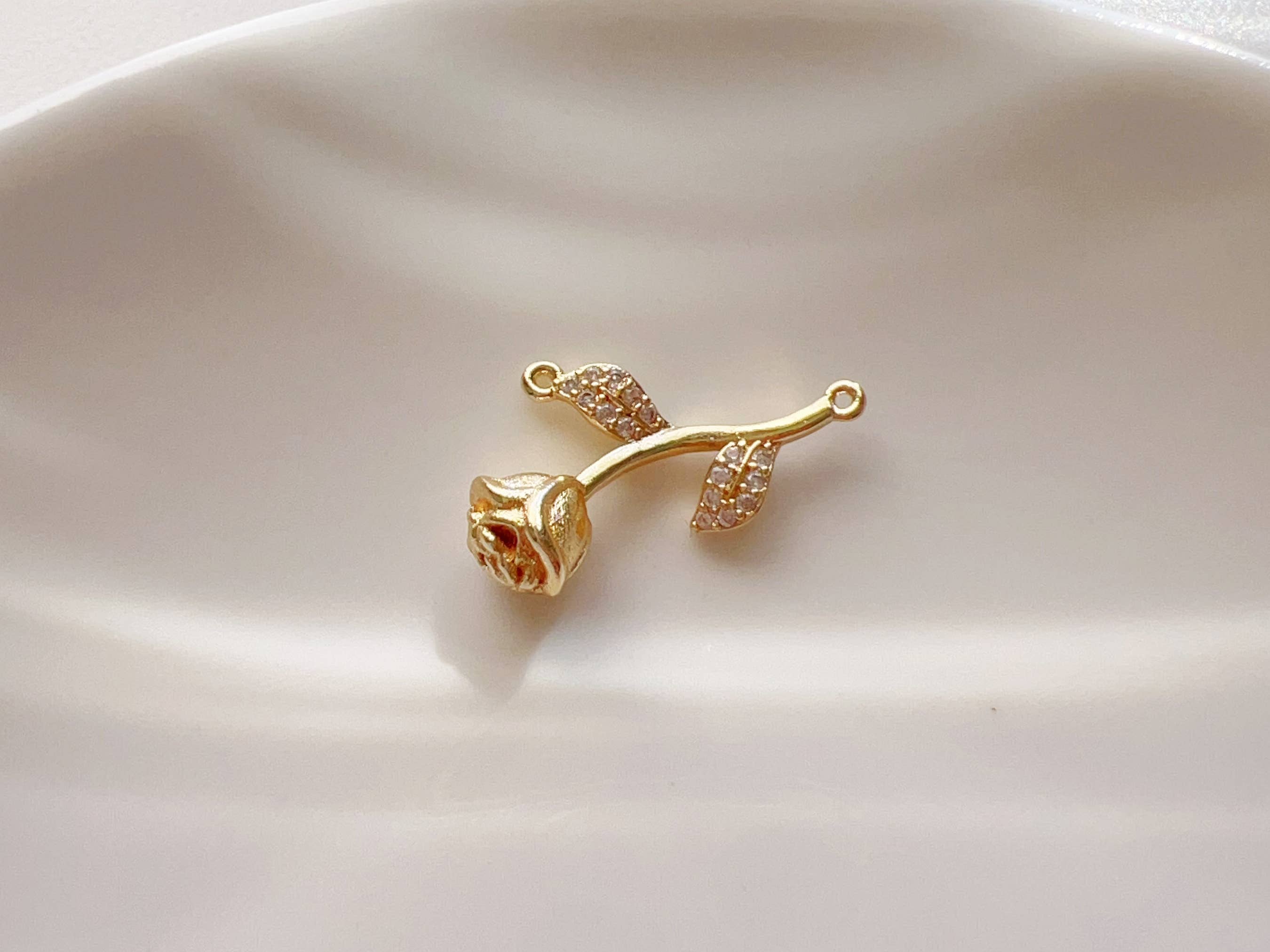 PISTEP - Wholesale Individual Charm/Pendant - 14K Gold Plated CZ Clear Stone Rose Charm, Rose Connector1