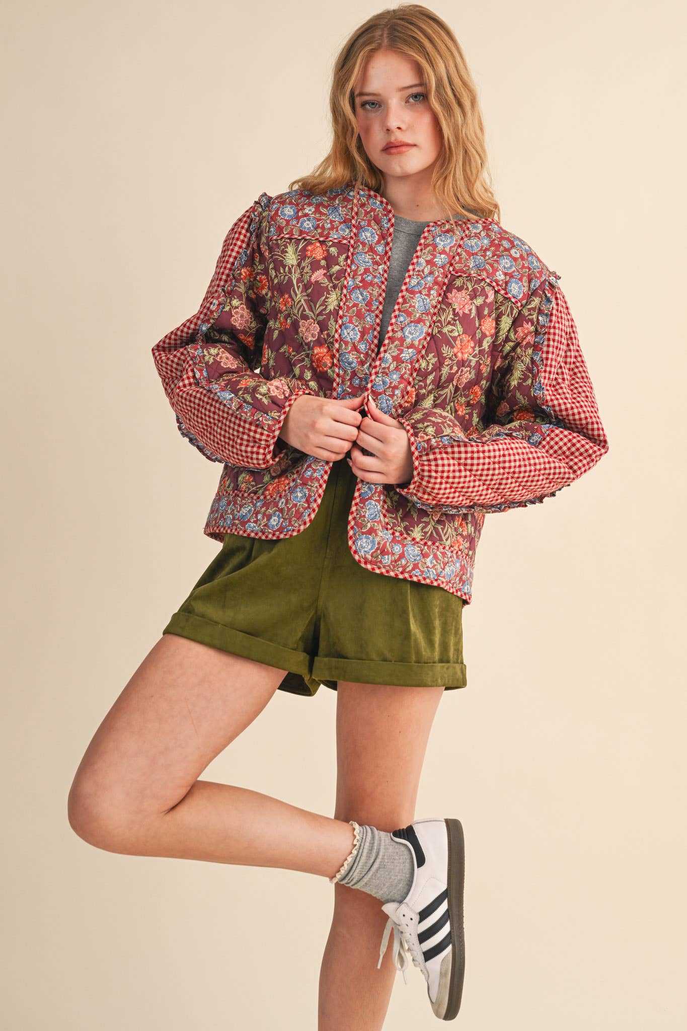 BURGUNDY MULTI MIXED PRINT QUILTED JACKET WITH RUFFLE TRIM MJK4531 for wholesale on Faire5