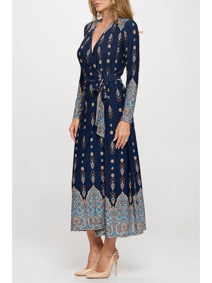 Navy Made in USA Brushed Knit Print V neck Jersey Wrap Maxi Dress for wholesale on Faire