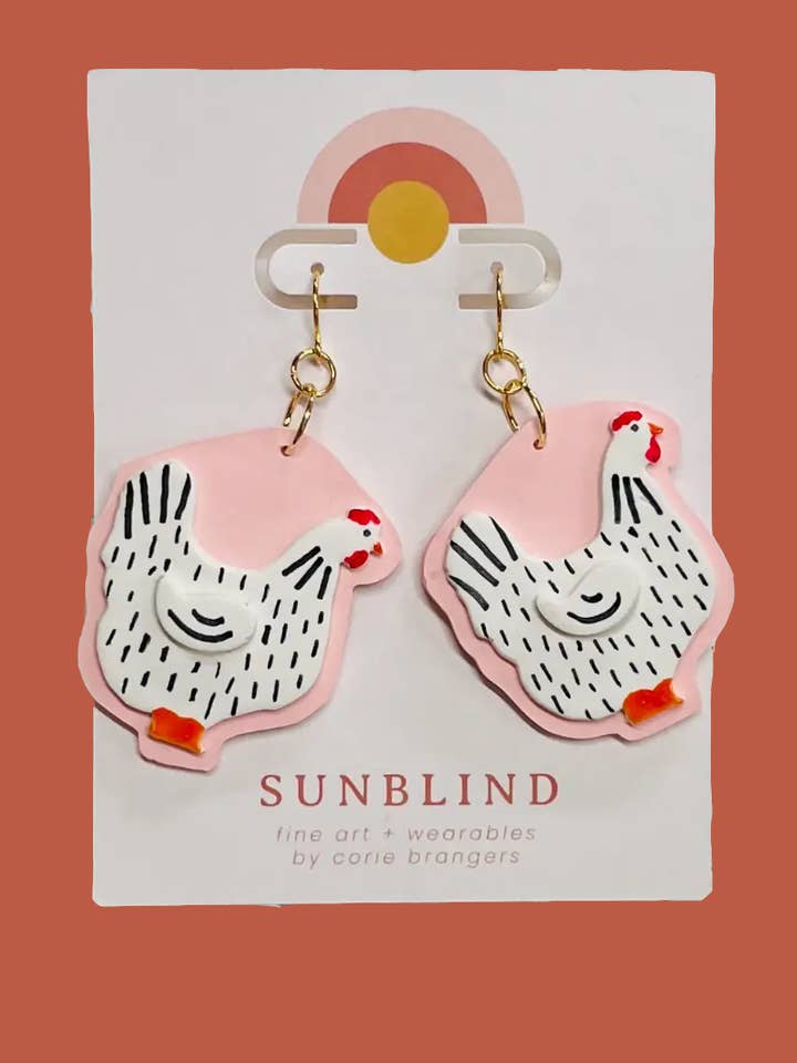 funky chicken polymer clay statement earrings for wholesale by Sunblind Fine Art + Wearables