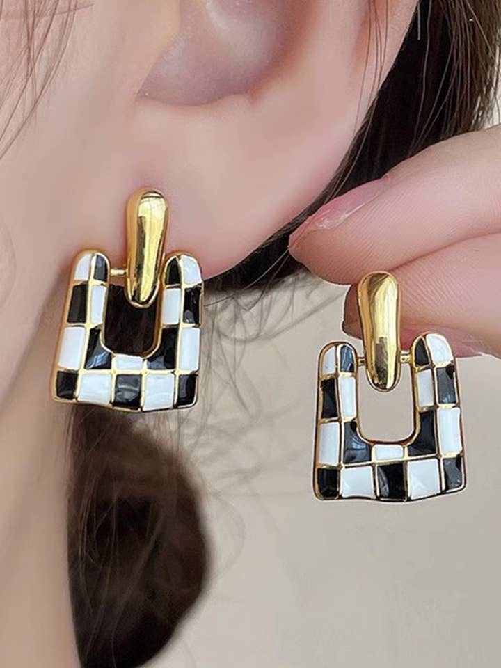 LDC Checkered Pattern Square Shape Stud Dangle Earrings for wholesale by Little Daisy Closet