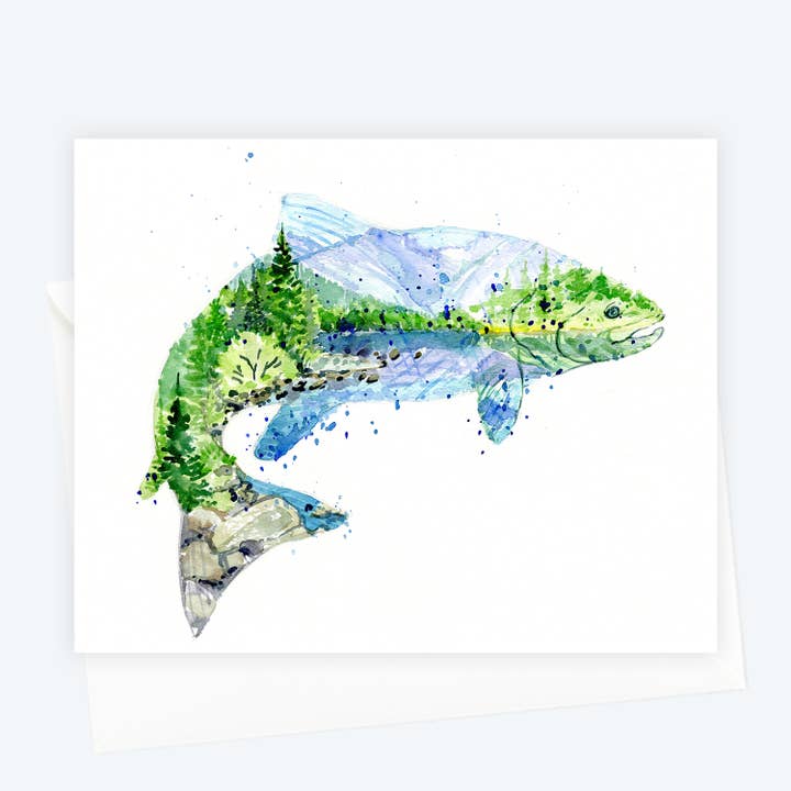 Elena Markelova Arts - Wholesale Everyday Greeting Card - Steelhead Salmon Watercolor Fish Lake Art Card