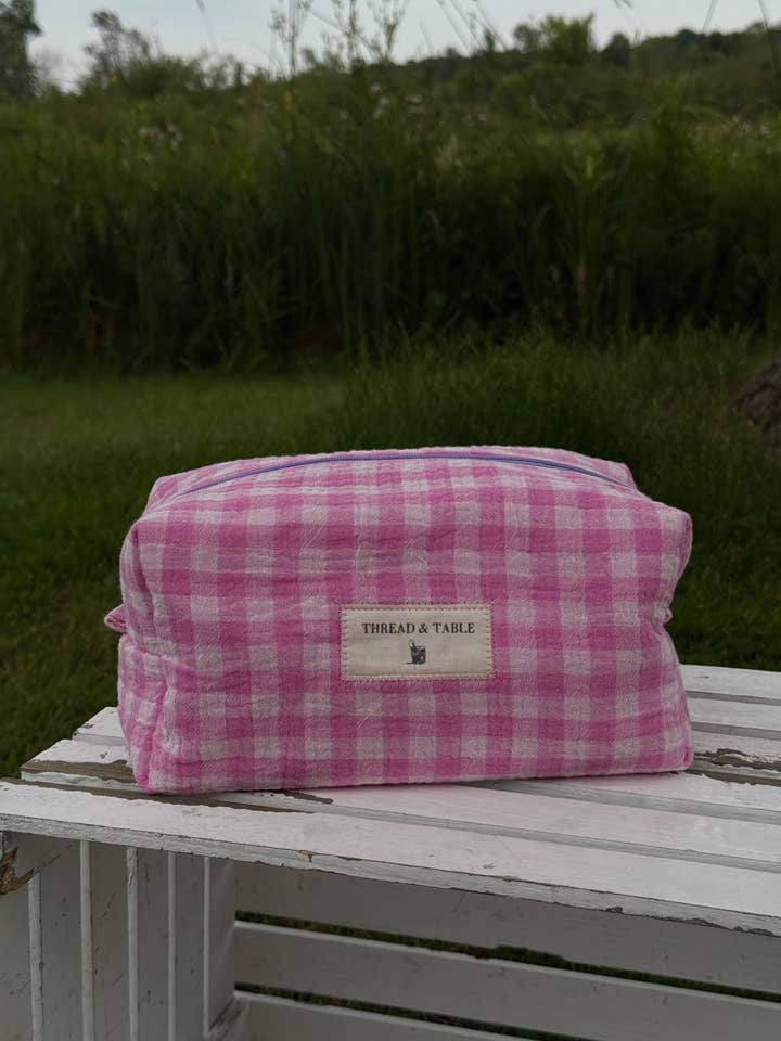 Pink Sherbet Gingham Quilted Large Pouch for wholesale by Thread & Table