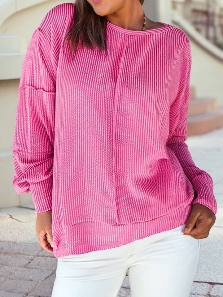 Spiral Ribbed Exposed Seam Detail Plus Size Long Sleeve Top for wholesale by 1 the Woman