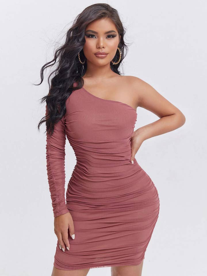 one shoulder mesh ruched bodycon dress for wholesale by Fashion Combination