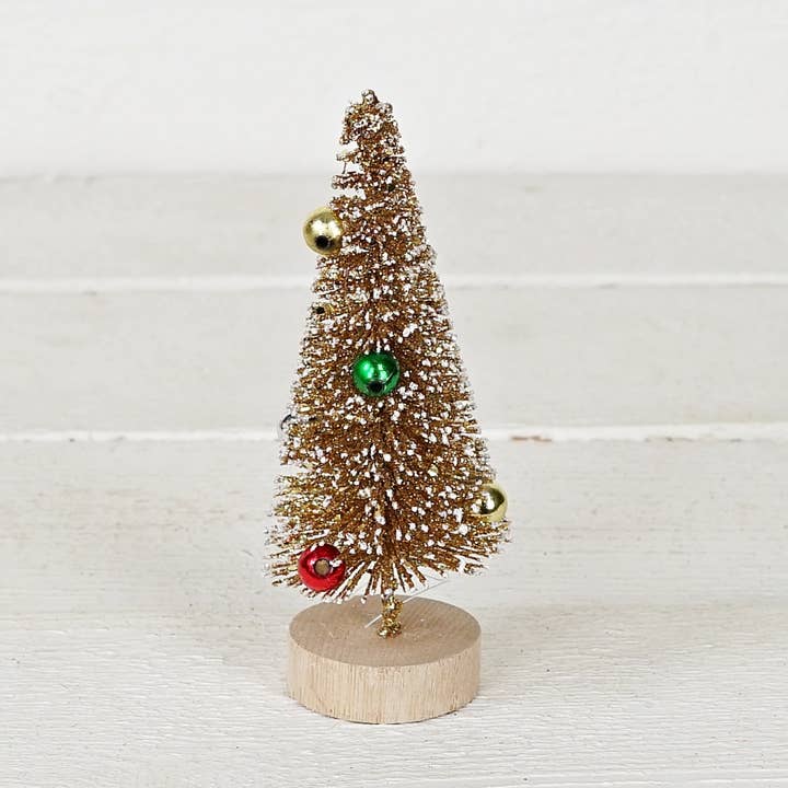 M32712-Gold glittered mini tree w. snow and beads (6inH) for wholesale by Impressive Enterprises, Inc.