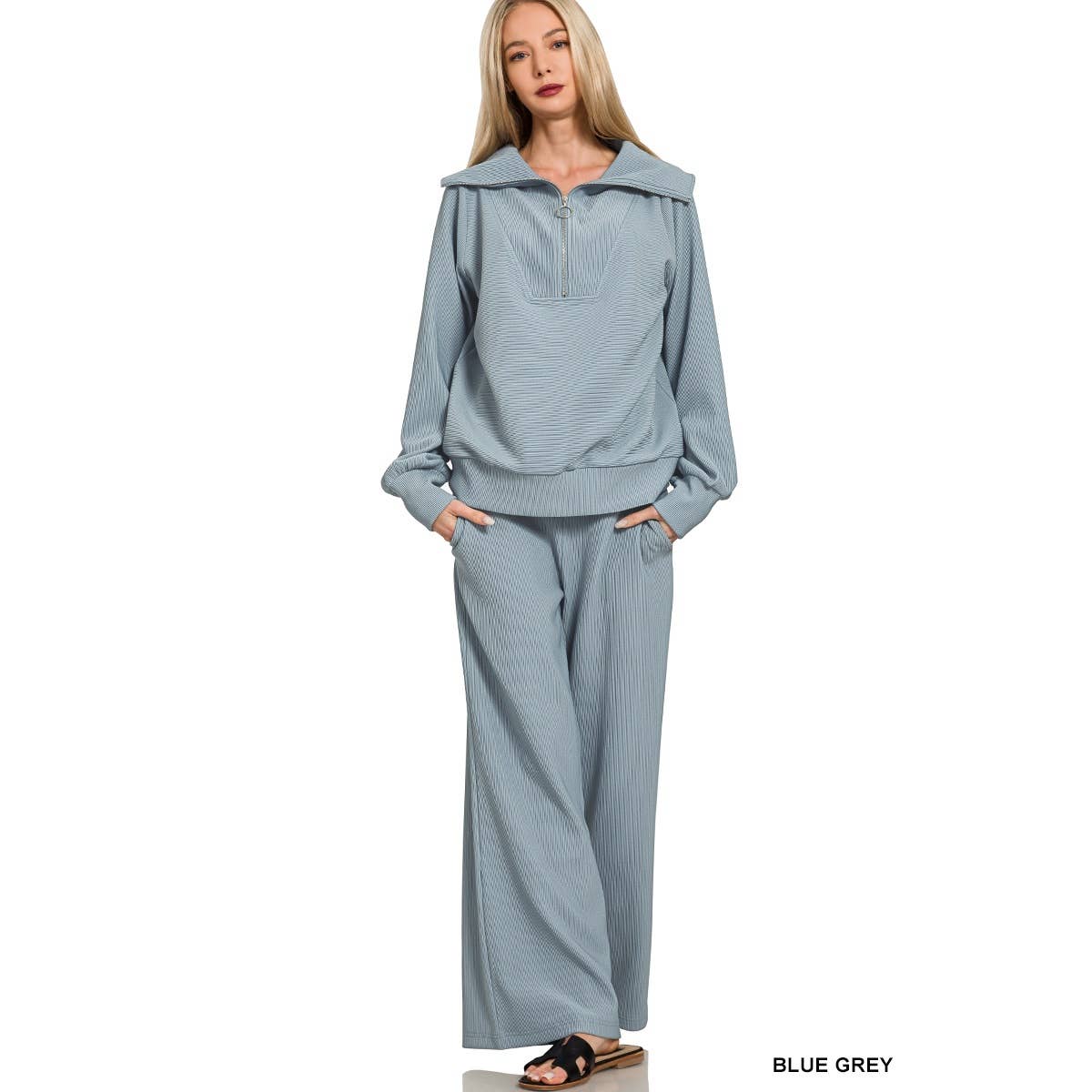 HiteJeans - Wholesale Lounge Set - Women's - Ribbed high neck half zip pullover pants set17